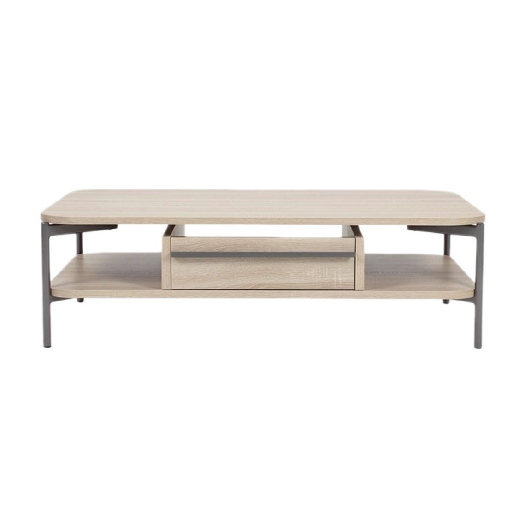 Modern koffie tafel met houten blad en metalen onderstel